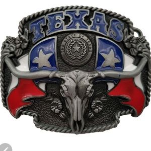 Texas patriotic silver longhorn bull rodeo floral western belt buckle 3.75"